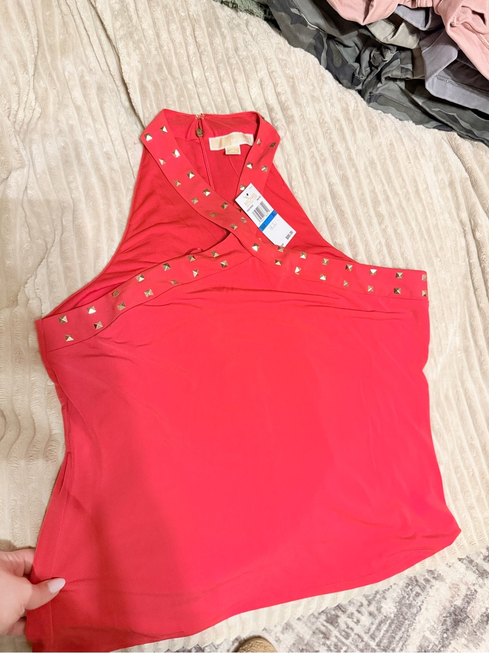 Michael Kors Coral Red Stud-Trim Sleeveless V-Neck Tank